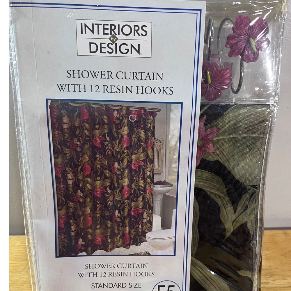 Interiors by Design Shower Curtain 70x72 Burgundy Tropical Floral Resin Hooks